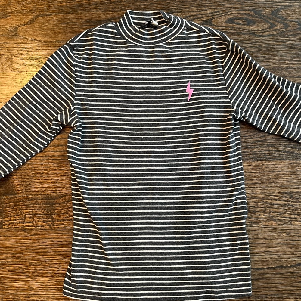 Kids Long Sleeve Stripe Mock Neck Tee with Pink Bolt